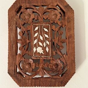 Vintage Brown Carved Wood Trivet with White Inlaid Flower 6" x 4.5" x 1"